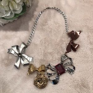 Mixed Metal Statement Necklace with Bows Rhinestone Faceted Stone & Faux Locket